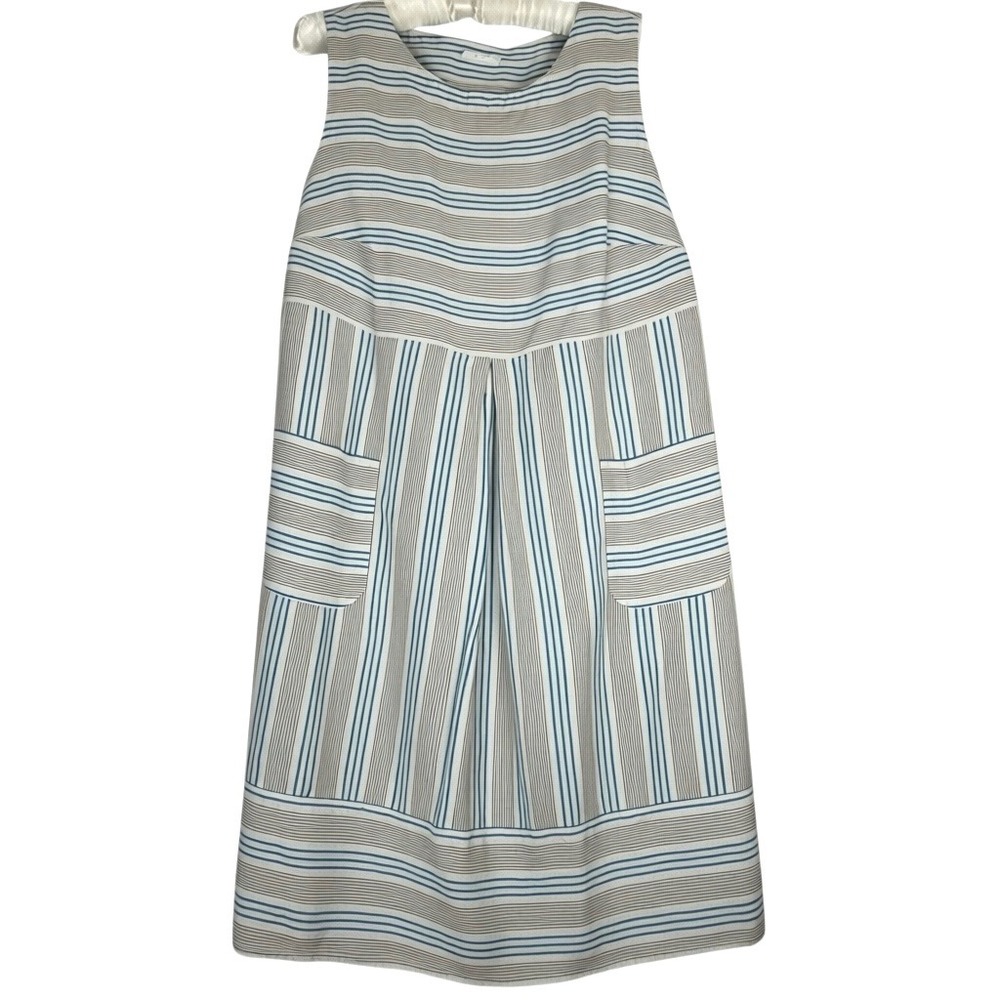 J. Jill Love Linen Dress L Blue White 100% Linen Pockets Coastal Cottage Resort - Picture 2 of 7
